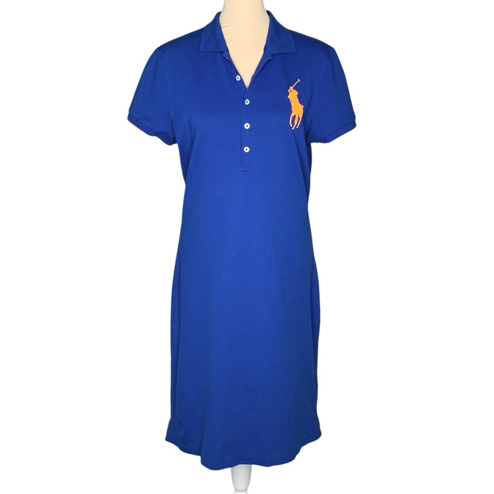 Ralph Lauren Big Pony Polo Dress L Blue Orange Peruvian Pima Cotton Sporty Prep
